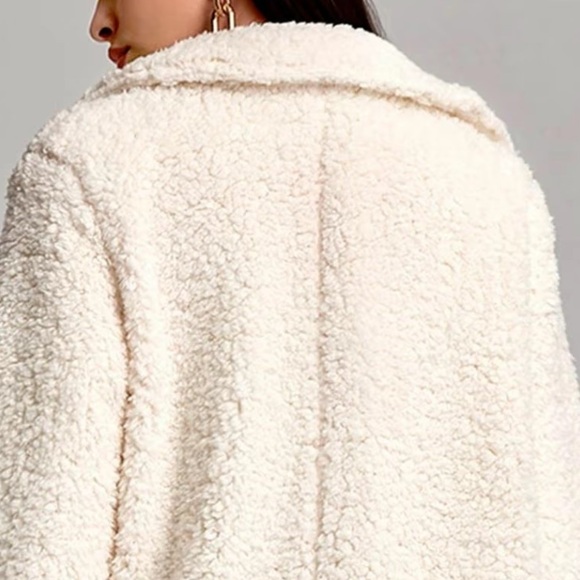 Size L Ivory BOHO lapel collar button front faux pockets lined plush Teddy coat - Picture 12 of 16